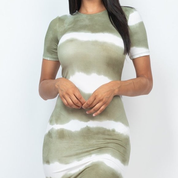 Women's Olive Stripe Short Sleeves Tie-dye Printed Stretch Knit Midi Dress NWT - Picture 1 of 1